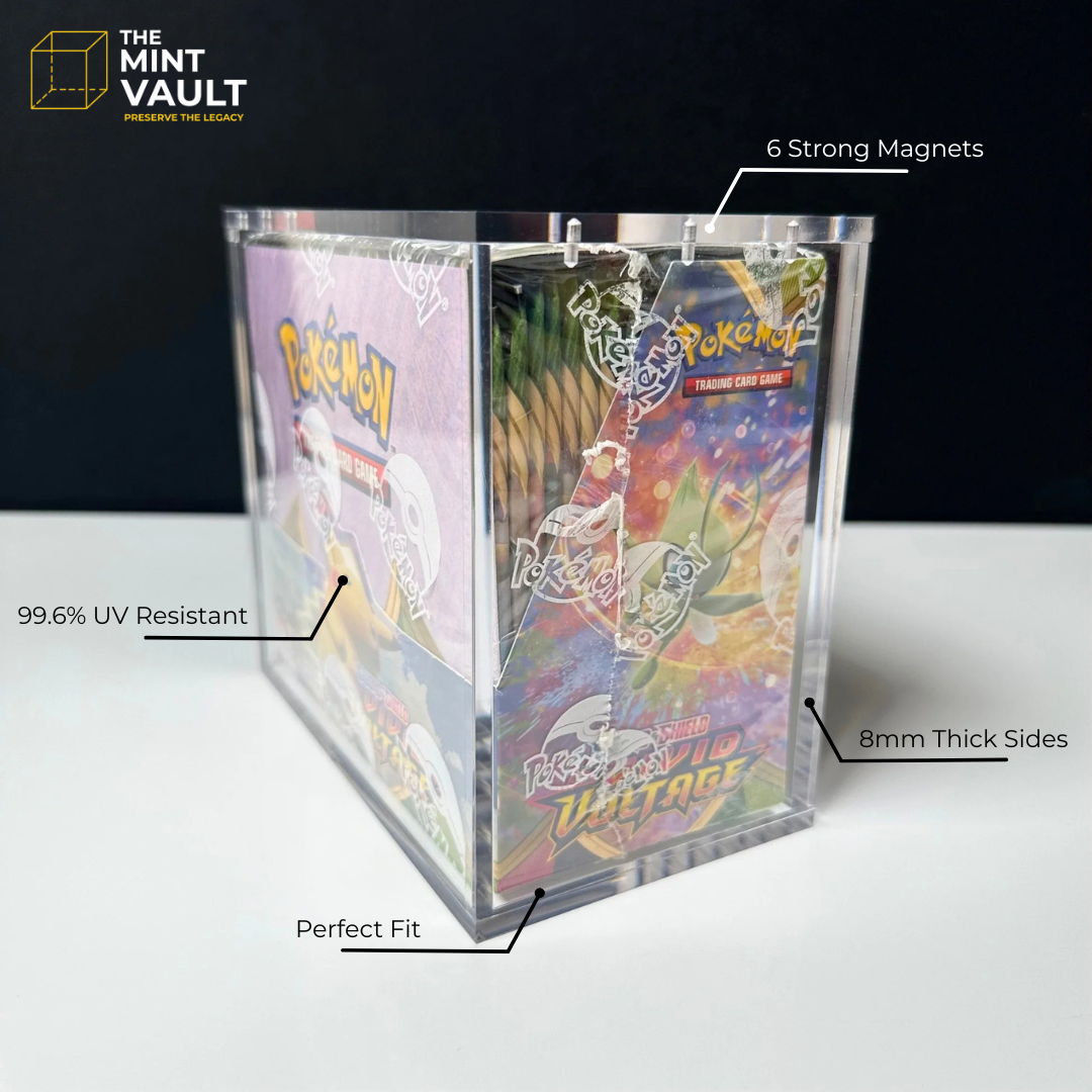Pokemon Booster box in case with features highlighted on a dark background