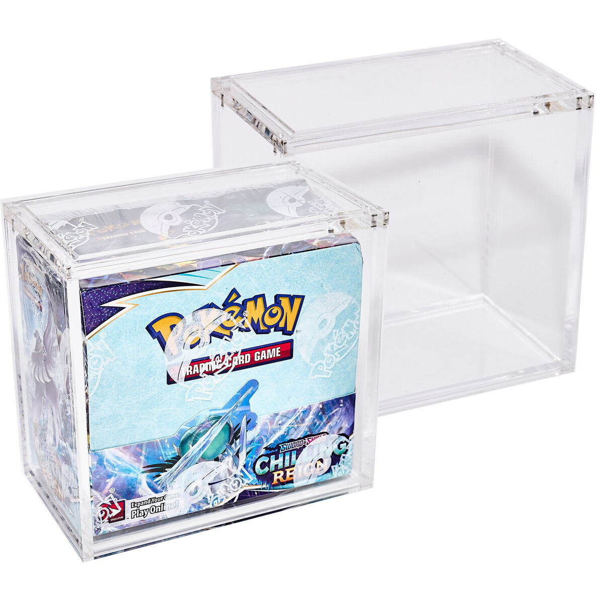 Clear acrylic storage box with a Pokémon trading card game pack inside on a white background